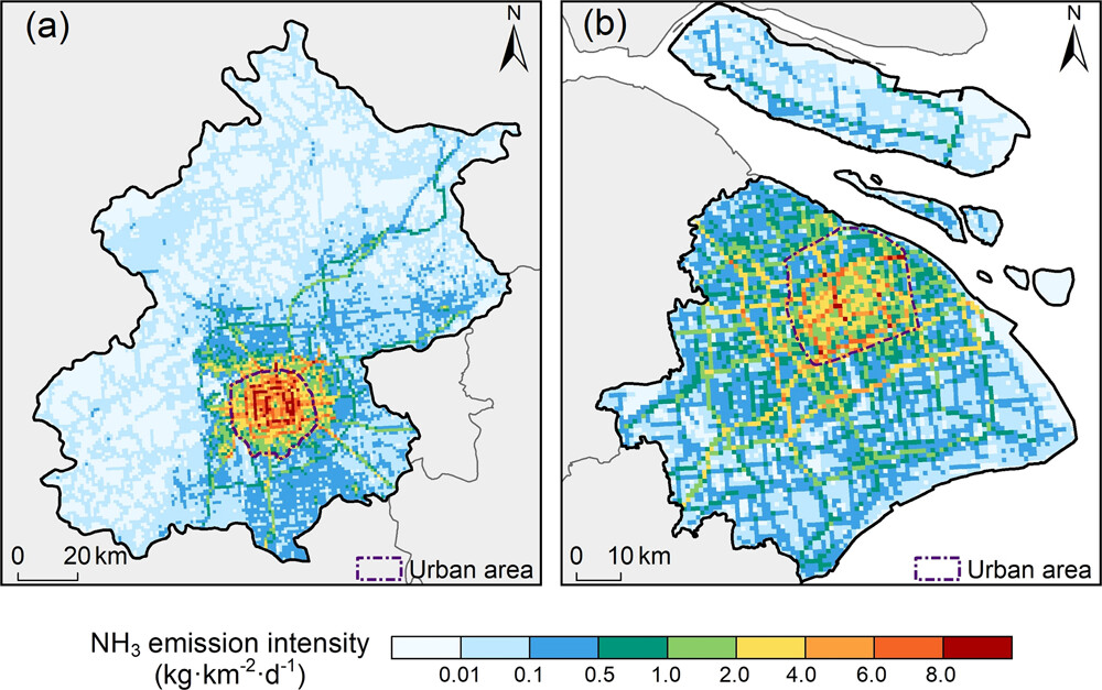 20230223-环境学院张少君团队揭示中国特大城市机动车氨排放对PM2.5污染的显著贡献-王韵杰-图2 北京和上海机动车NH3排放强度空间分布特征.jpeg